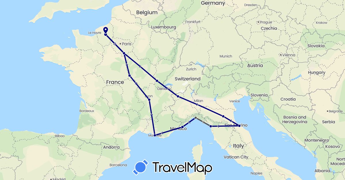 TravelMap itinerary: driving, motorbike in France, Italy (Europe)